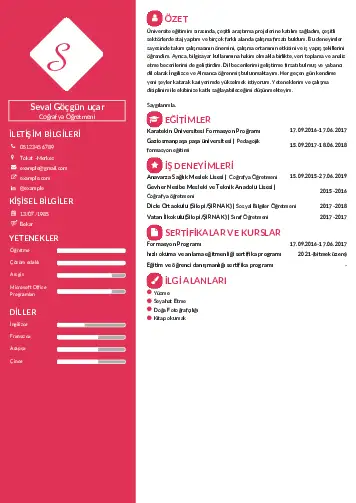 Coğrafya Öğretmeni CV Örnekleri cv indir